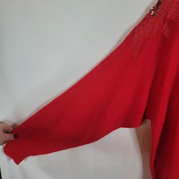 Embellished Shoulder Appliques Vintage Cashmere Blend Bright Red Sweater - Picture 7 of 15